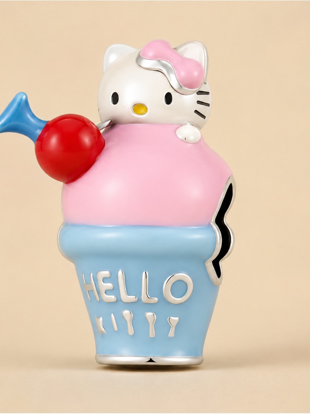 Sterling Silver Hello Kitty Pink & Blue Ice Cream Cone Pin with Red Cherry